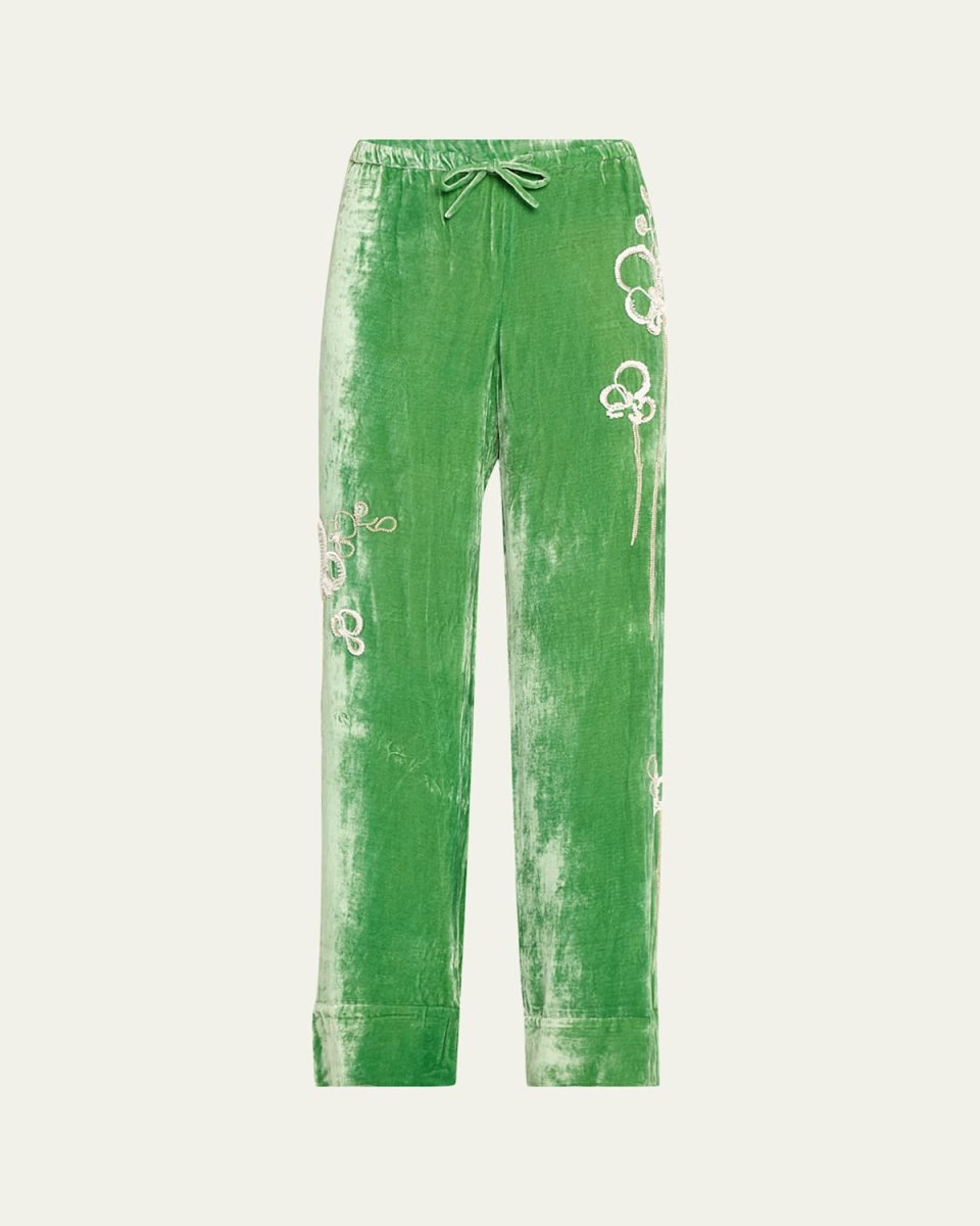 Flower Embroidered Drawstring Velvet Pants